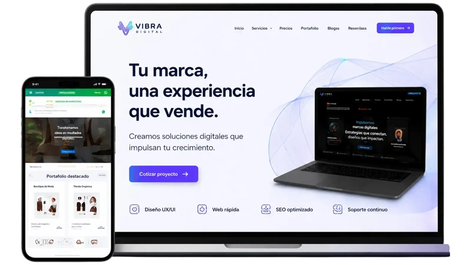 Mockup de Vibra Digital con diseño web, ecommerce, landing pages y soluciones digitales