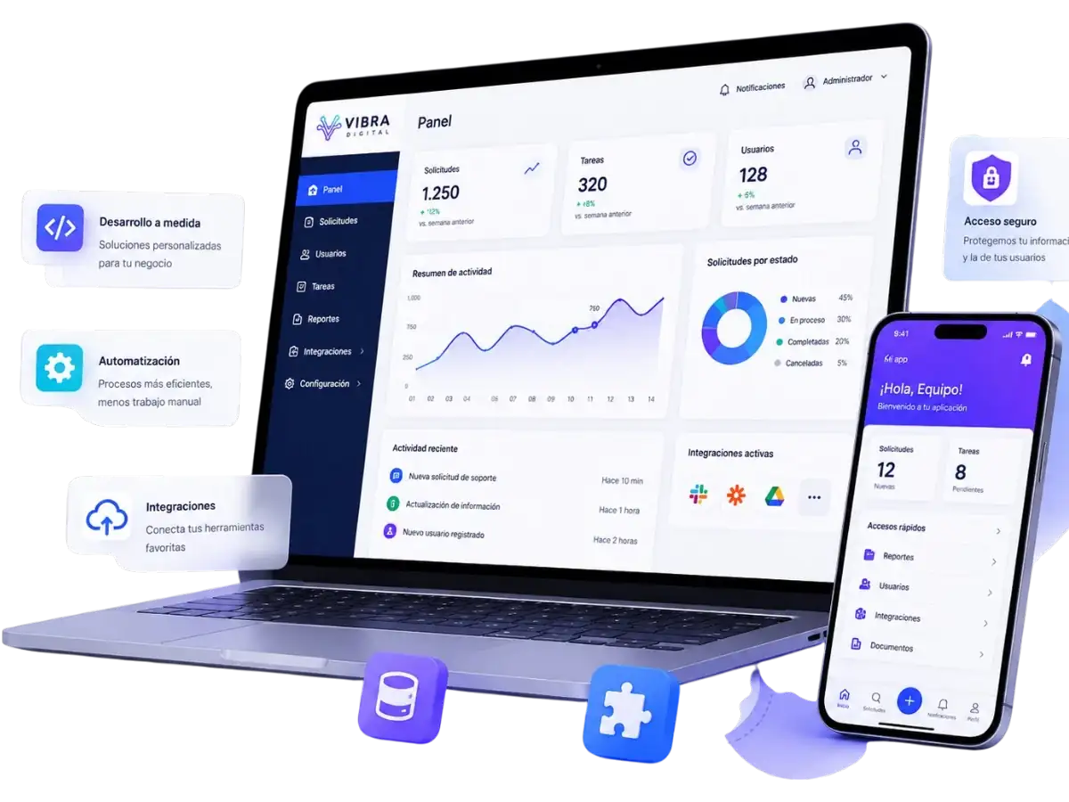 Aplicaciones web y móviles de Vibra Digital con dashboard, app móvil, automatización, integraciones y sistemas a medida