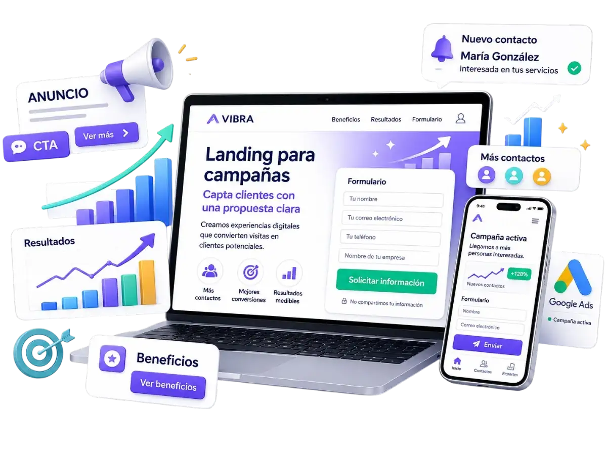 Landing page de Vibra Digital para campañas digitales, captación de prospectos, formularios y conversión