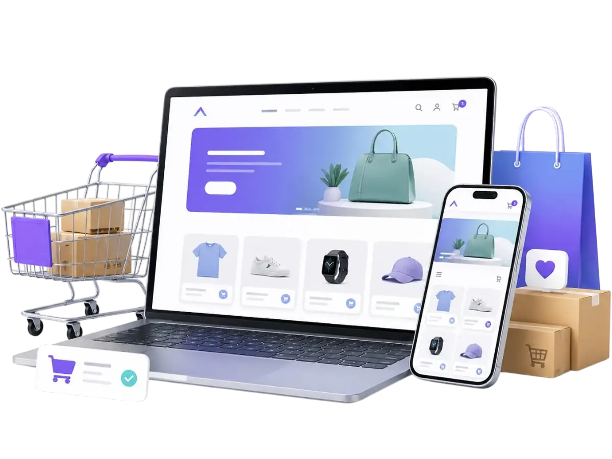 Imagen de tienda online ecommerce con notebook, celular, carrito de compras, productos y gestión de pedidos